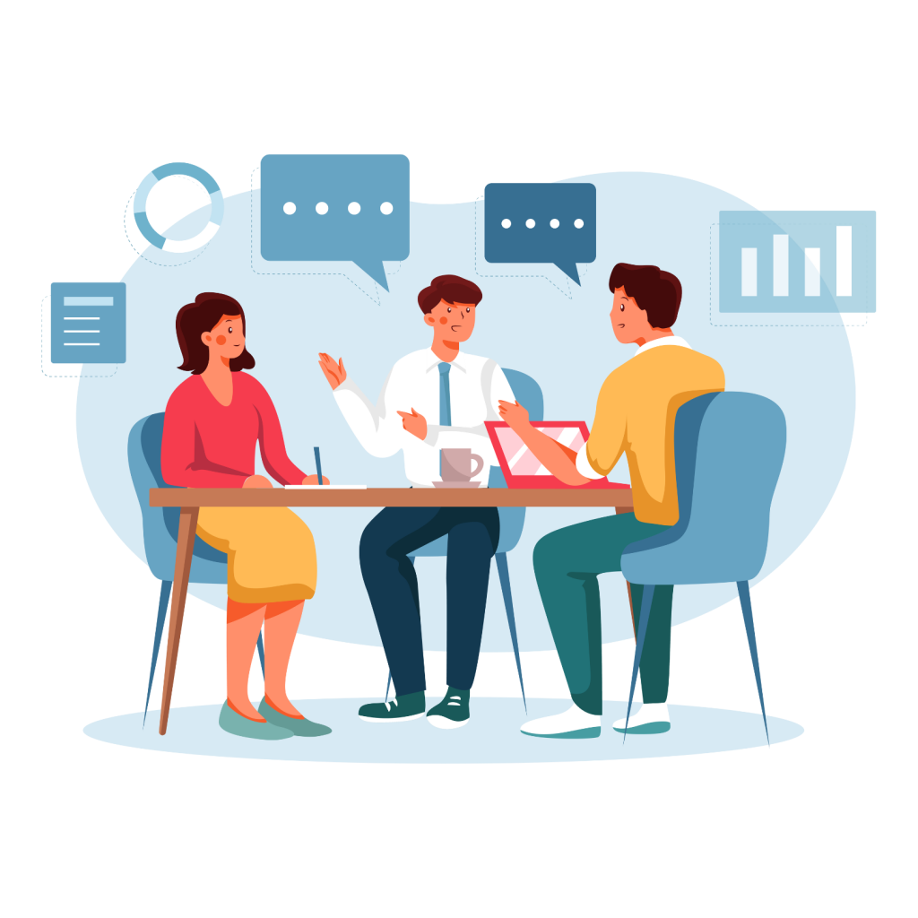 Digital marketing consultation session with a consultant and client discussing strategies over a dashboard display in a professional setting.