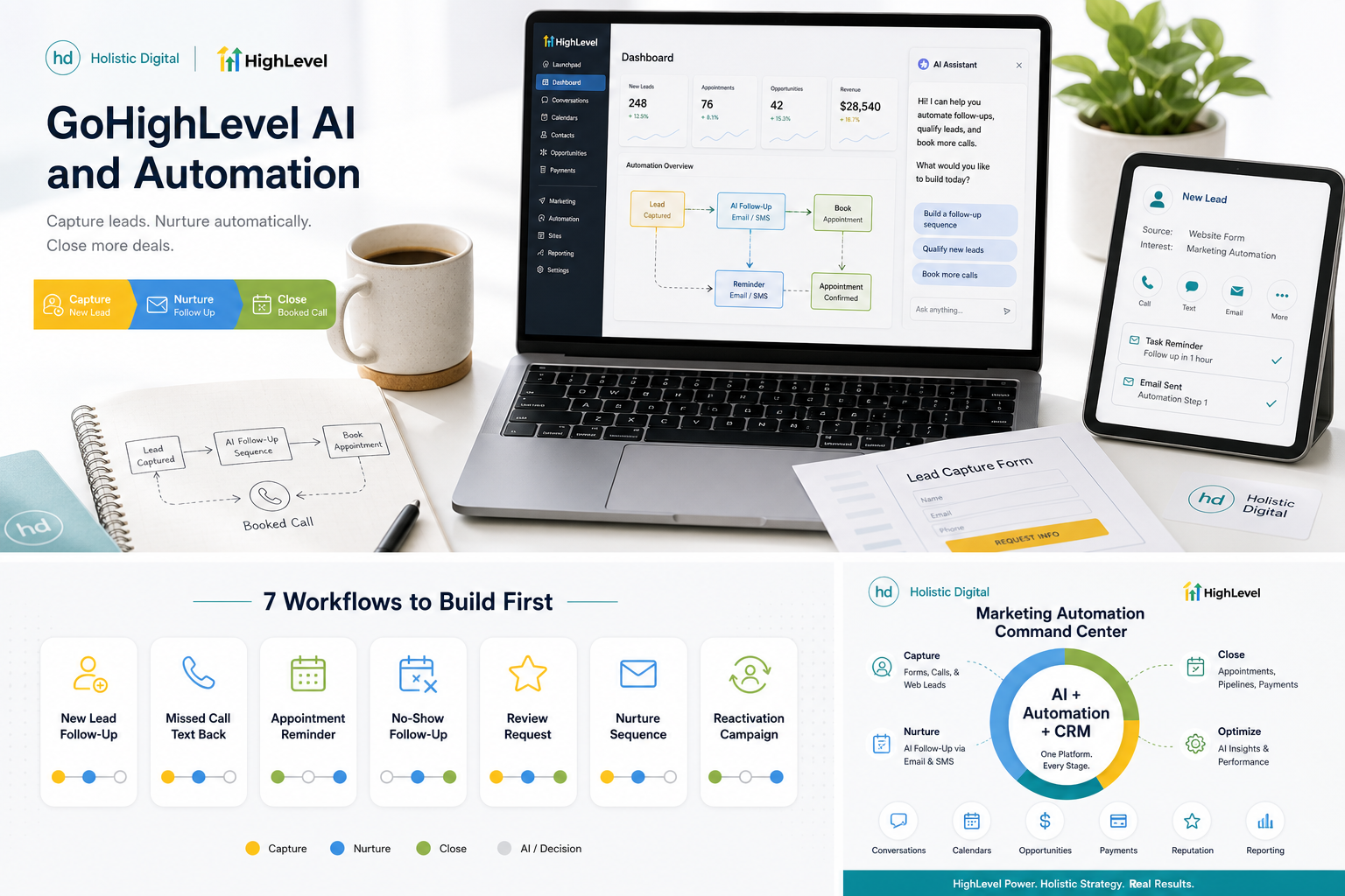 HighLevel dashboard concept showing connected CRM, automation, lead capture, and marketing workflows.